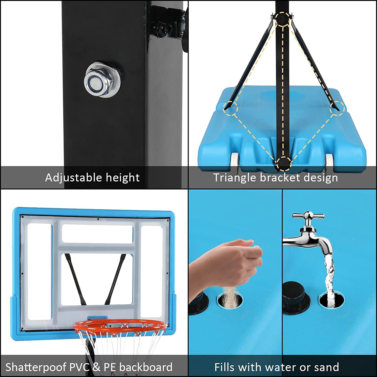 PEXMOR Poolside Basketball Hoop, Adjustable Height Swimming Pool Basketball Hoop System with Upgraded PC Backbord, 2 Basketball Nets, Blue