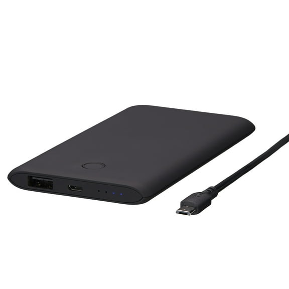 onn 5,000 mAh Slim Portable Power Bank with Micro-USB and USB-A ports, Compact Size, LED Indicator Lights, Black - Compatible with iPhone, iPad, AirPods, Samsung Galaxy, Note, Pixel & More