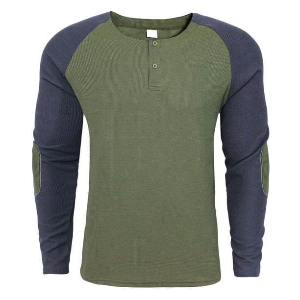 Blusas y camisas de manga larga con cuello redondo para hombre, blusa informal de patchwork con botones y cuello redondo, sudadera con capucha para hombre