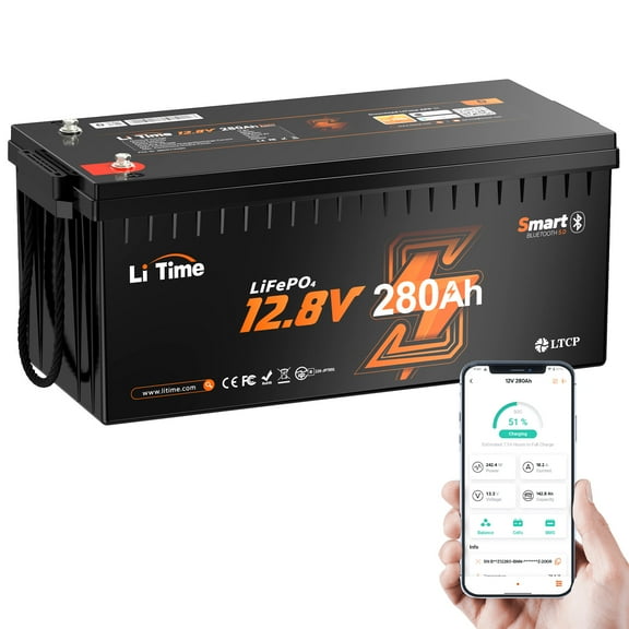 LiTime 12V 280Ah Plus Bluetooth LiFePO4 Battery Low-Temp Protection 200A BMS Deep Cycle Lithium Iron Phosphate Battery for Marine Home Energy Trolling Motors Yacht Boat RV