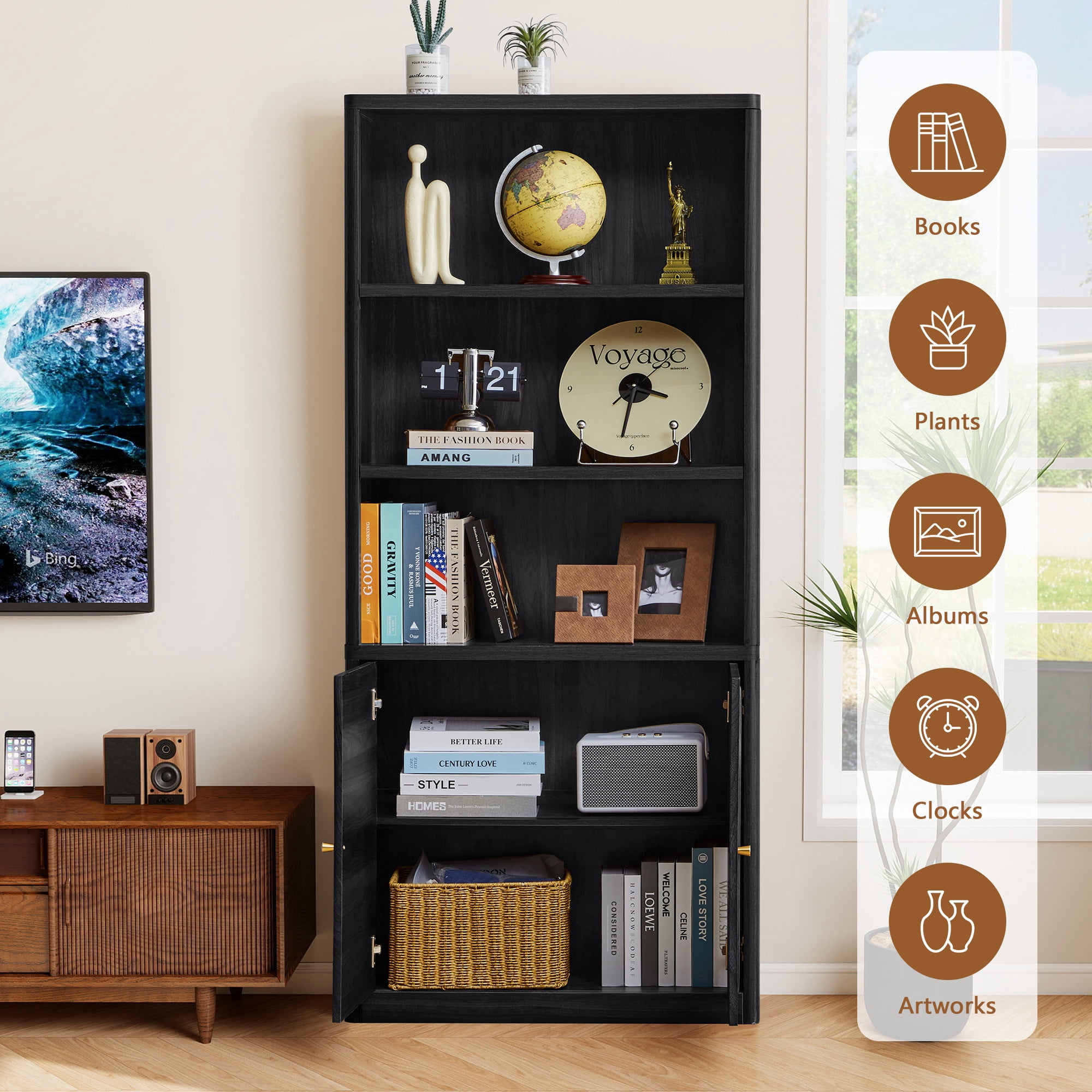 Weselon 5 Tier Bookcase with Storage Cabinet, Tall Bookshelf with Display Cubicles, Farmhouse Large Bookcase for Home Office Living Room, Black