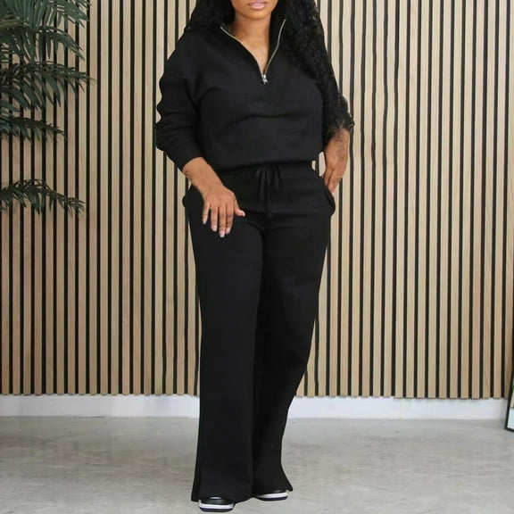 Aueoeo Women's 2 Piece Sweater Set Long Sleeve Pullover Zip Up Sweatshirt & Drawstring Jogger Sweatpants Tracksuit Casual Outfit