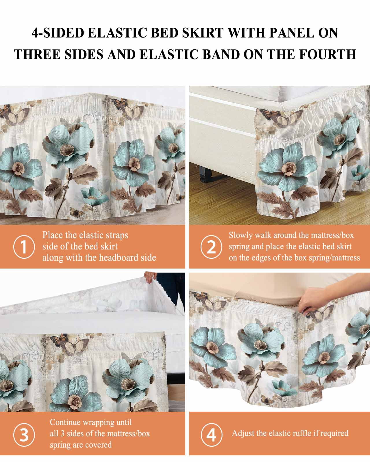 Victorian Style Broccoli Butterfly Bed Skirt Blue Flowers Plant Bed Skirts Queen Size 16 Inch Drop, Wrap Around Dust Ruffle&nbsp;Bedskirt with Adjustable Elastic Belt for Queen Size Beds