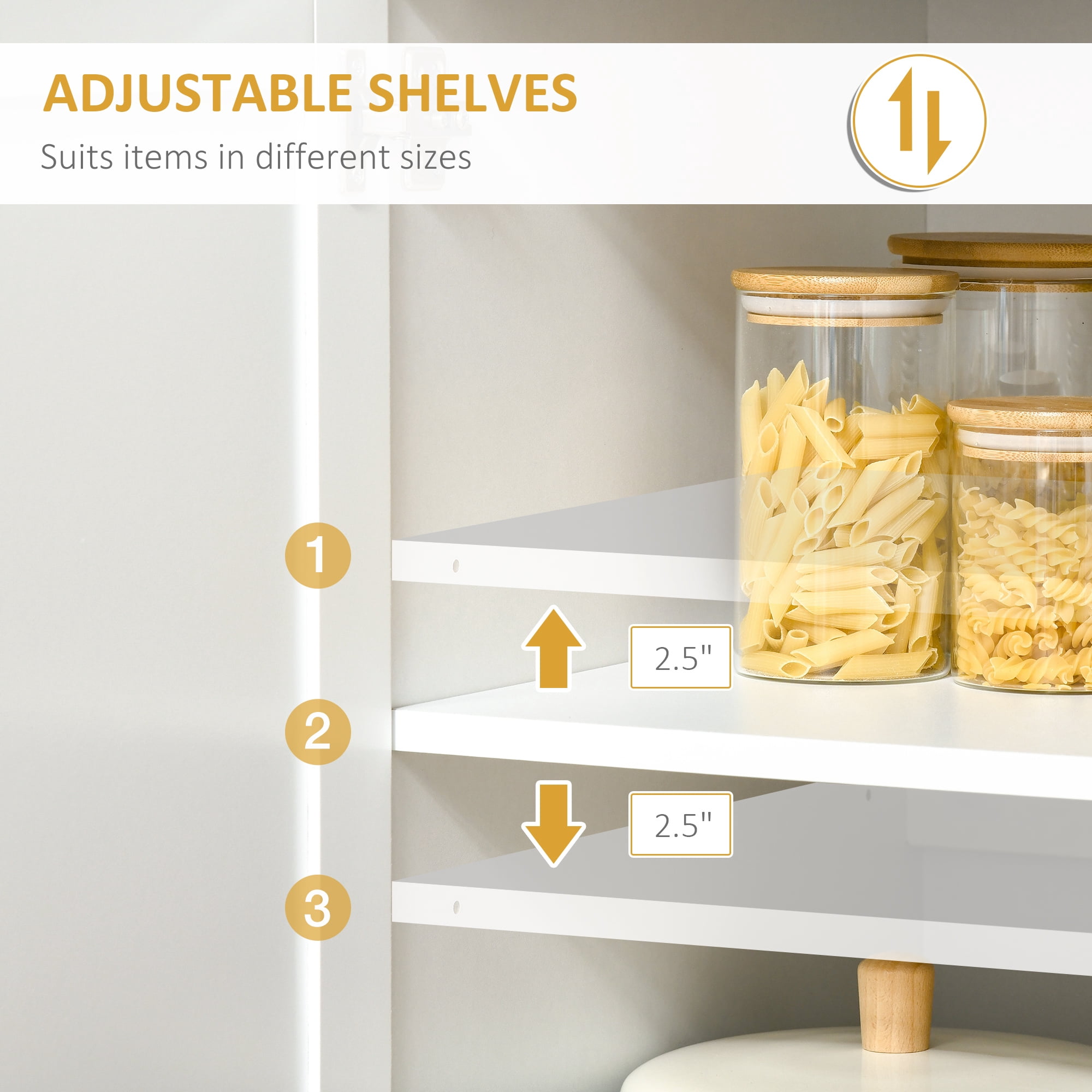 HOMCOM 67" Pantry Cabinet, Modern Kitchen Hutch, Freestanding Storage Cabinet with Glass Doors, Adjustable Shelves and Drawers, White