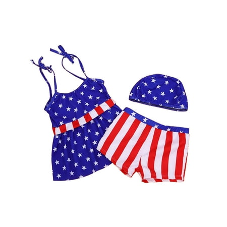 

3 Pieces Kids Toddler Girls Swimsuits Sleeveless Tankini Tunic Tops and Swimming Trunks and Cap