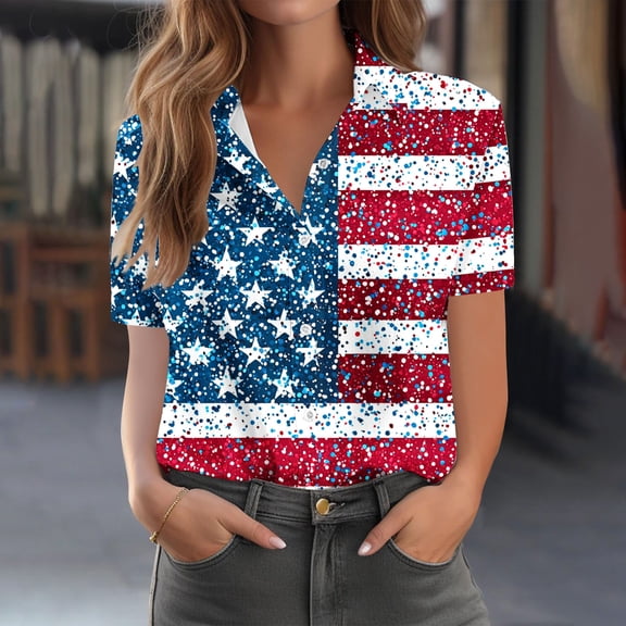 Blmnix Button Up Tshirts for Women Patriotic Shirts Blouse Shirts Red Collared Short Sleeve Womens Summer Shirts,L
