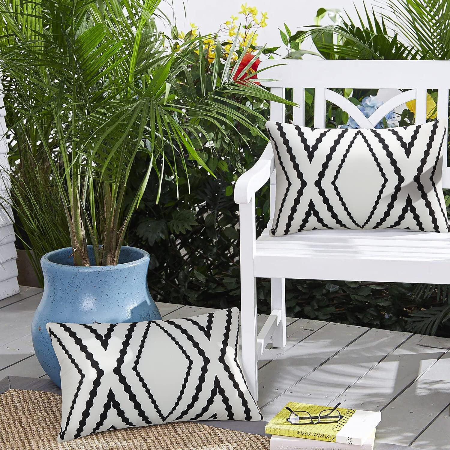 Adabana Outdoor Waterproof Boho Throw Pillow Covers Geometric Pillow Cases for Patio Garden Set of 2 18 X 18 Inches White