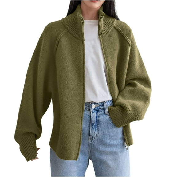 Women's Stand Collar Cardigan Long Sleeve Zipper Front Sweater Raglan Casual Fall Outerwear Jacket Coat Green, Free Size