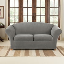 SureFit Stretch Pique Loveseat Slipcover, 3-Piece Loveseat Cover and Cushion Cover, Flannel Gray