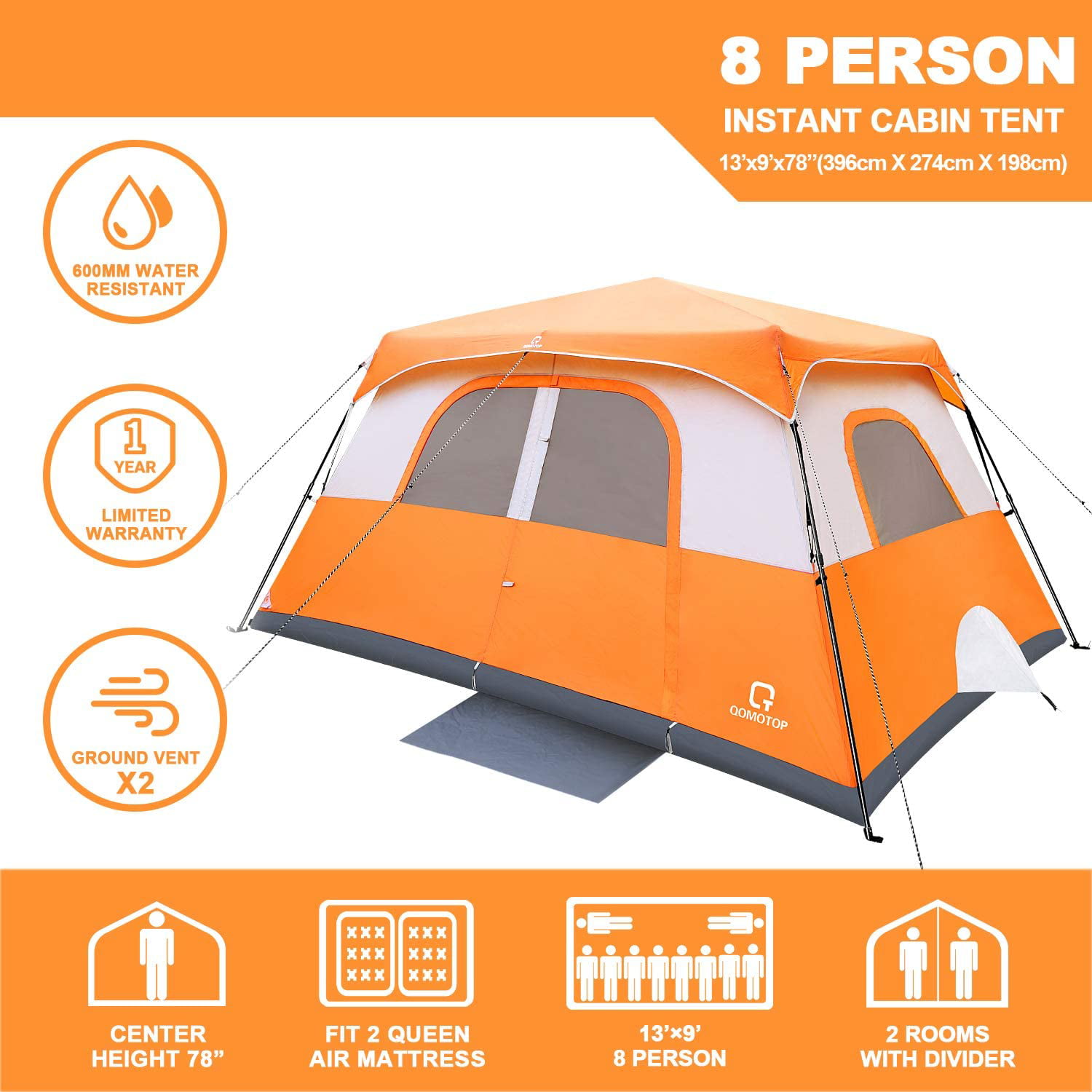 QOMOTOP 8 Person Camping Tent, 2 Rooms, 60 Seconds Set up Waterproof Tent,  Orange