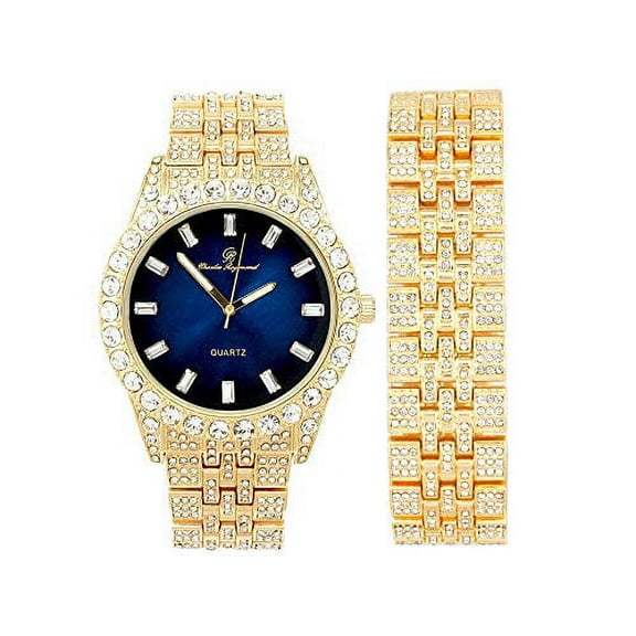 Charles Raymond Mens Wristwatch w/Iced out Rolly Hip Hop Bracelet - Big Rhinestones and Elegant Time Indicators on Dial - Master Blinged Out Designer - ST10226B (Matching Gold/Royal Blue BA)