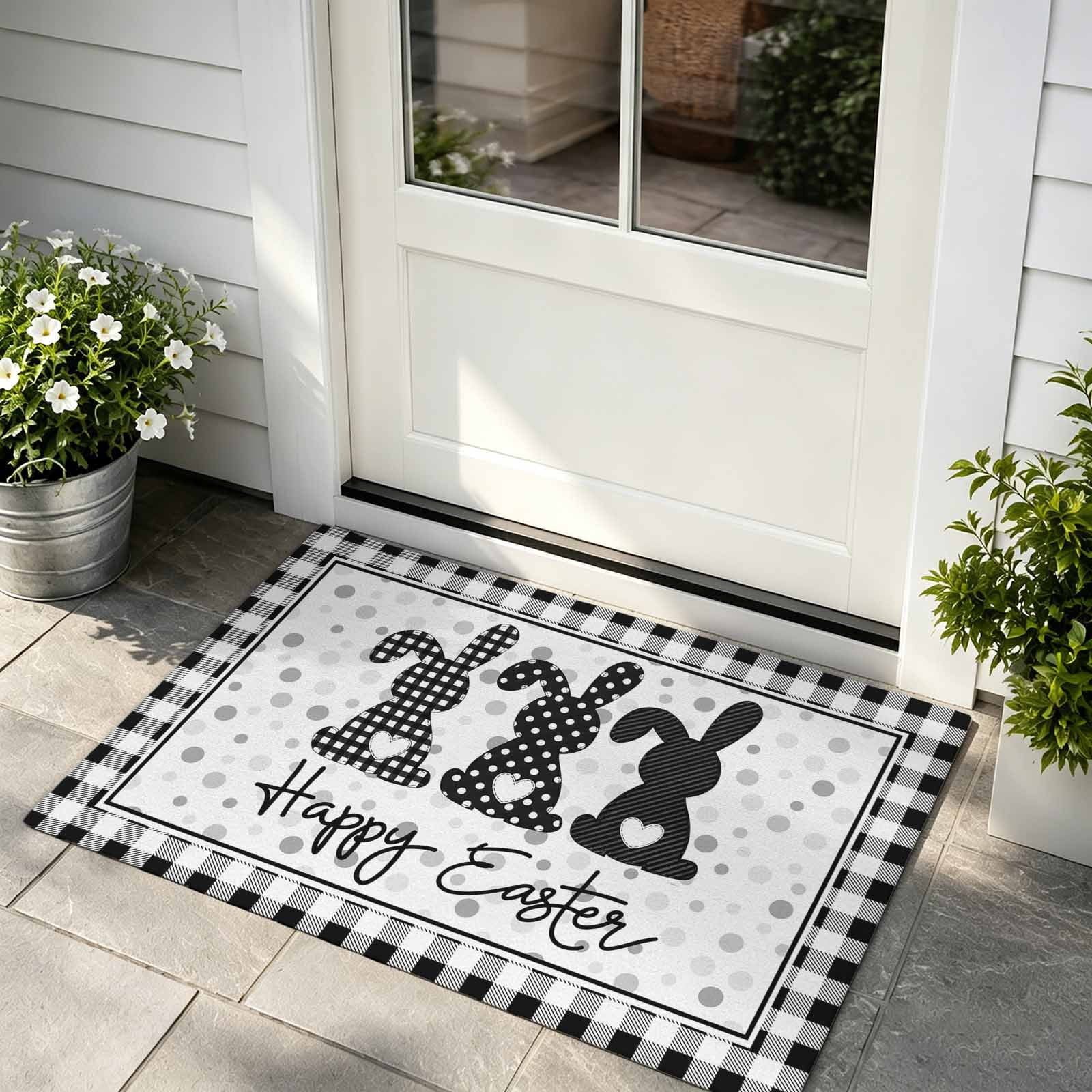 Front Door Mat Indoor Outdoor Entrance Easter Low Profile Doormats Non-Slip Backing Spring Polka Dot Bunny Black Plaid Checkered Patio Rugs Welcome Mats for Backdoor Doormat 24 x36
