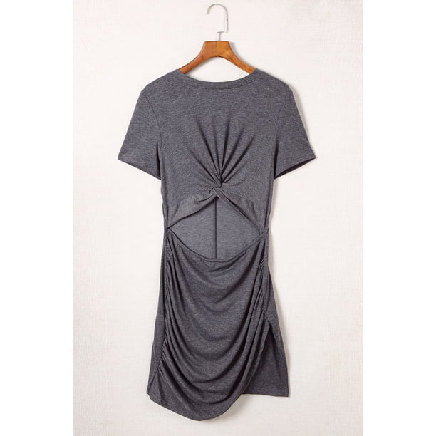 ABPHQTO Minivestido negro estilo camiseta con cuello redondo y detalles fruncidos para mujer