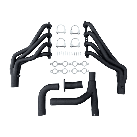 Long Tube Exhaust Headers with Y-Pipe 1999-2007 Chevy Silverado GMC Sierra Tahoe Yukon Suburban Escalade GMT800 4.8 5.3 6.0 6.2 V8 2WD 4WD Black Coated Stainless Steel 1 3/4" Primary 3 Inch Collector