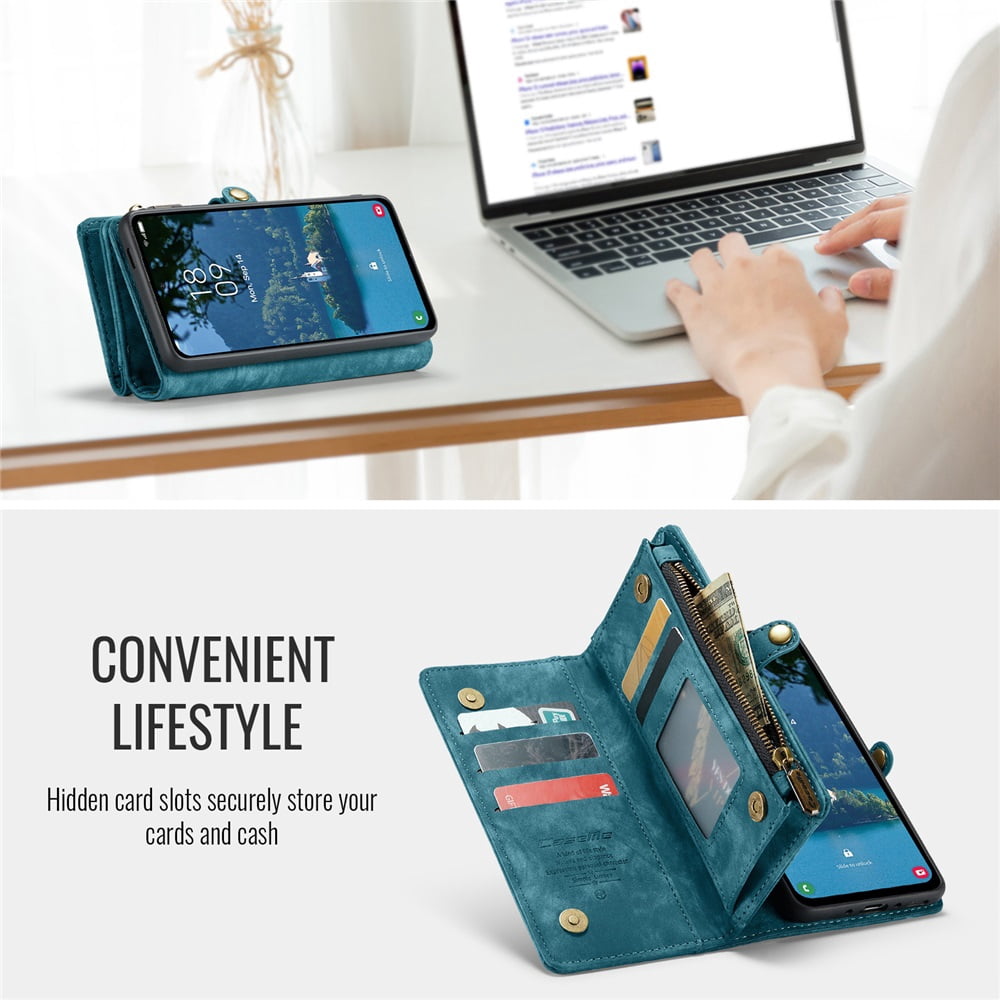 CaseMe Leather Case for Samsung Galaxy A56,2 in 1 Detachable Wallet Case with 8-Card Holder Zipper Bills Slot,Magnetic Shockproof Flip Leather Cover Zipper Pocket Phone Cases,Blue,For Galaxy A56