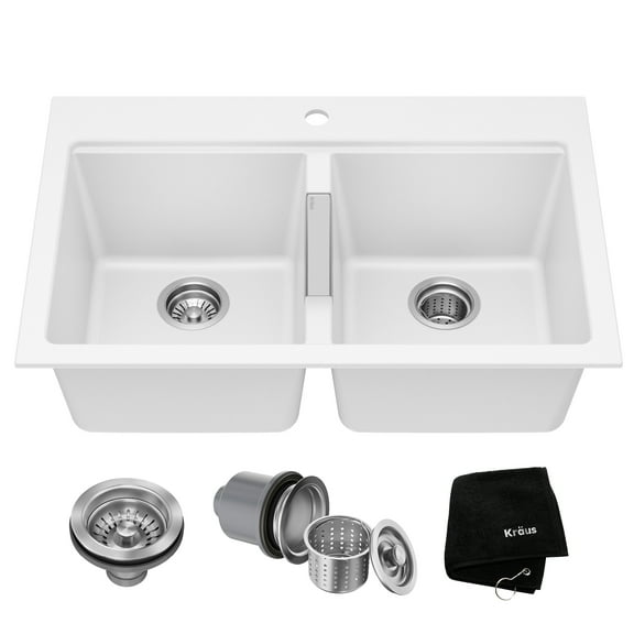 KRAUS® Quarza™ 33” Granite Drop In / Undermount 50/50 Double Bowl White Kitchen Sink