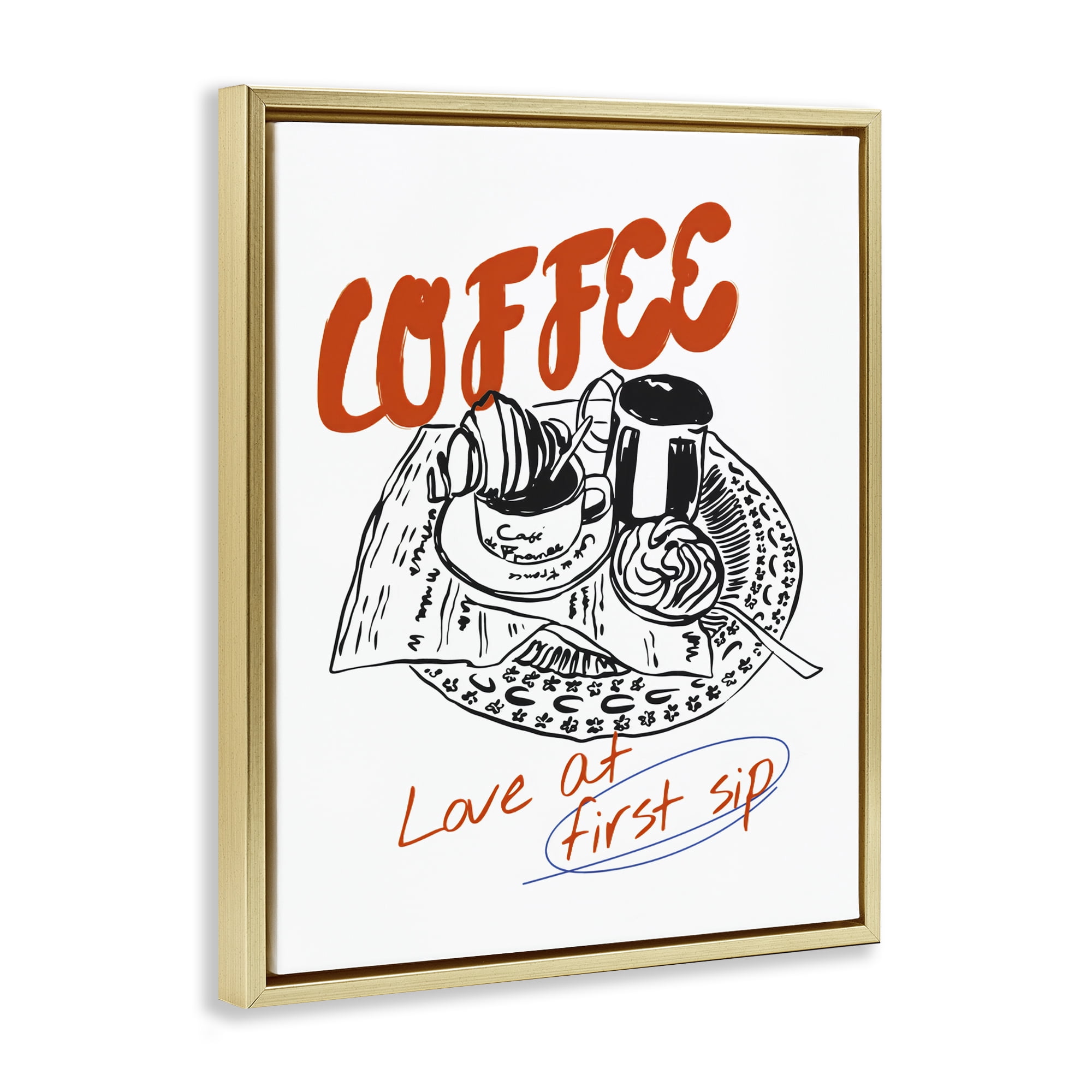 Stupell Industries Coffee Love At First Sip Gold Framed Floater Canvas Wall Art, design by The Prints Vibe