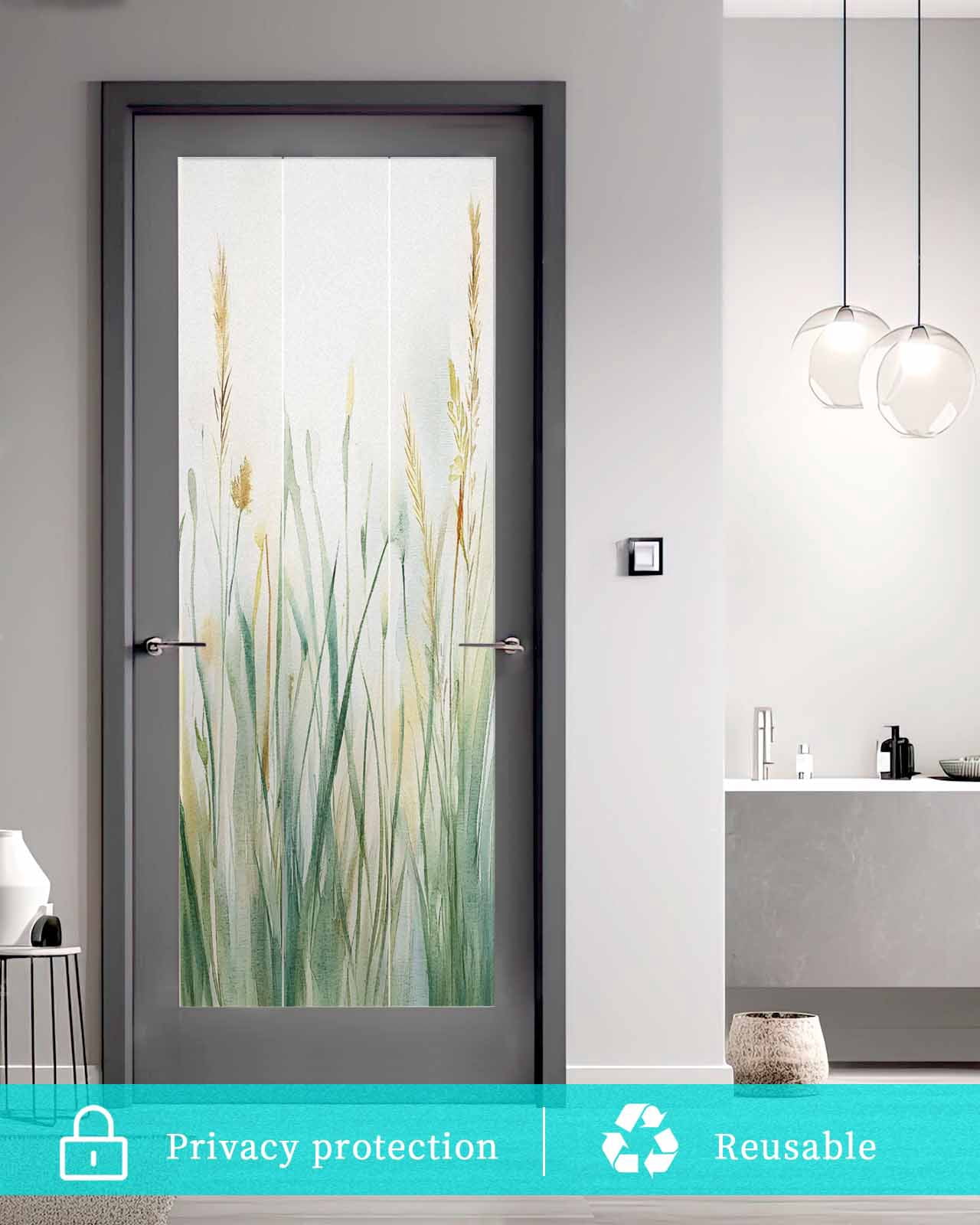 Window Privacy Film Spring Green Leaf Stained Glass Window Film Decorative Sun Block Window Cover Country Botanical Watercolor Plant Window Clings Static Adhesive Sticker for Bathroom 23.6"x59"