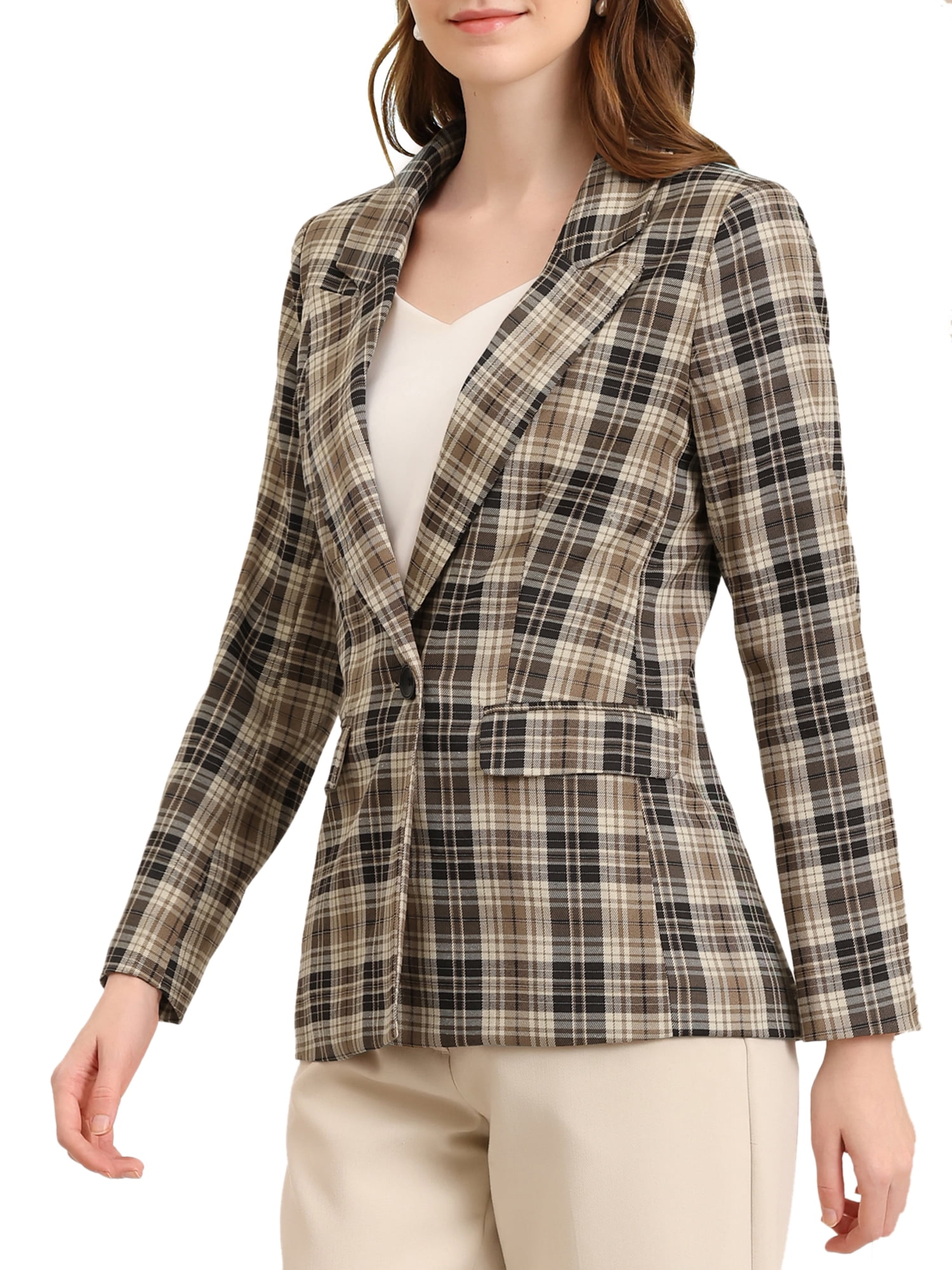 DARING DIVA Women's Boyfriend Notched Lapel One Button Blazer Suit Plaid Blazer Jacket M Brown Black