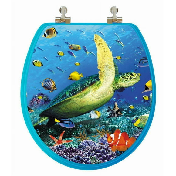 TopSeat High Res 3D Image Sea Turtle Round Regular Lid Closure Chromed Metal Hinges Toilet Seat