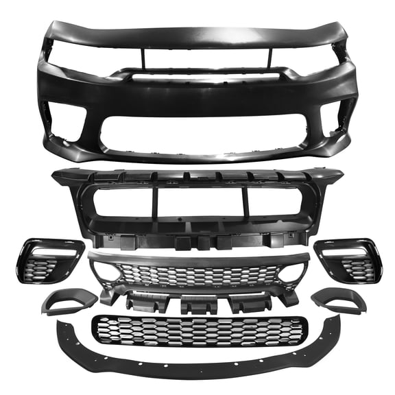 Ikon Motorsports Front Bumper Conversion W/ Matte Black Lip Compatible With 2015-2023 Dodge Charger Widebody Style Front Bumper Cover & SRT Style Upper Lower Grille & Foglight Covers W/ Lights Lamp