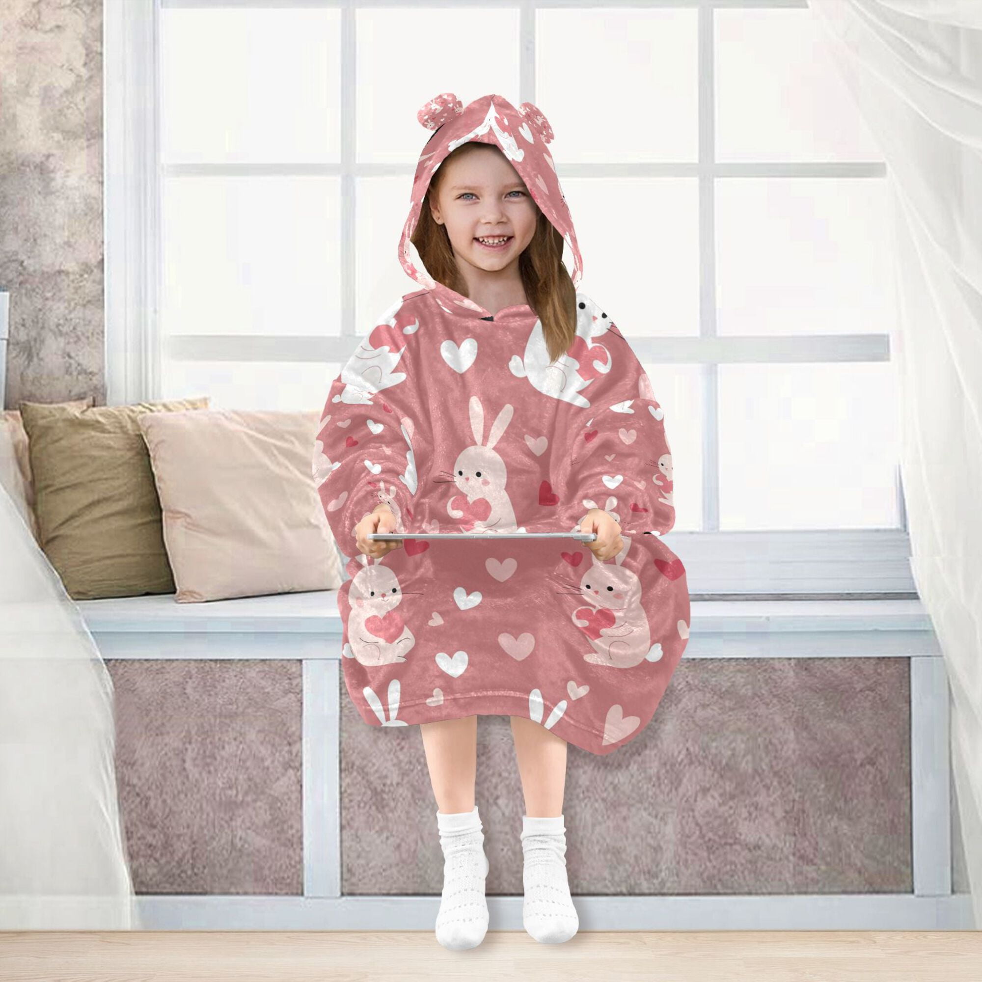 FORMRS Wearable Blanket Hoodie with Sleeves for Kids Cozy Flannel Sweatshirt, Bunny Love Blooms