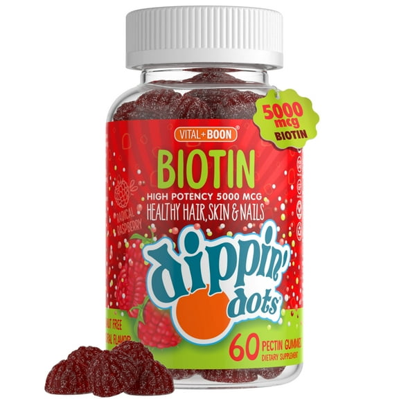 Dippin' Dots - Extra Strength Biotin 5000mcg (60 Gummies) Healthy Hair, Skin & Nails | High Potency Biotin in Delicious Very Berry Raspberry Natural Fruit Pectin Chews | Vegan, Non-GMO Glute