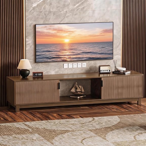70 Inch Fluted TV Stand, Mid Century Entertainment Center for TVs Up to 80", Wooden Media Console with Hinged Doors, Open Shelves & Adjustable Storage, Modern Boho Style TV Console for Living Room, W