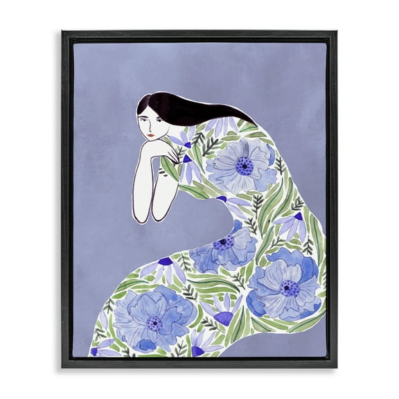 Stupell Industries Blue Floral Dress People Painting Black Floater Framed Canvas Art Print Wall Art, 17 x 21