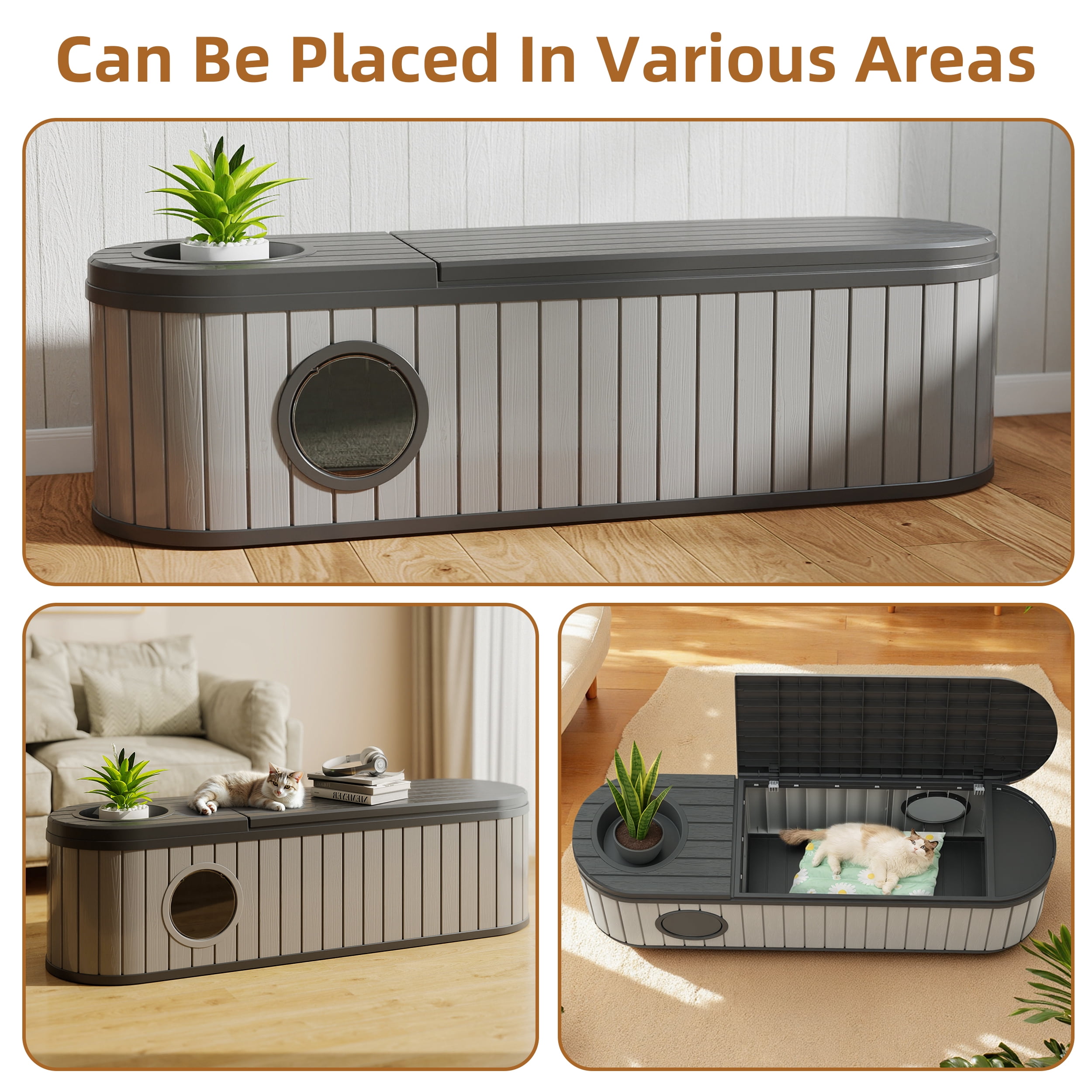 EasyUp Cat Litter Box Enclosure Resin Hidden Litter Box Furniture with Odor Control Vented Space-Saving Design Litter Box Enclosure for Indoor Outdoor Use(Black&Grey,63.11"*17.8"*17.13")