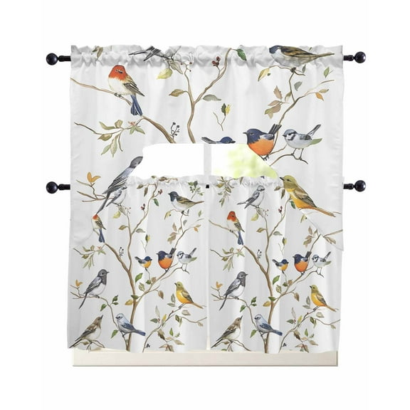 Spring Bird Kitchen Curtains Sets 24 Inch Length with Valance, Retro Leaf Flower Branch Animal Watercolor Swag Valances and Tiers Curtain Set Drapes Swag Curtains for Living Room, Bathroom, Bedroom