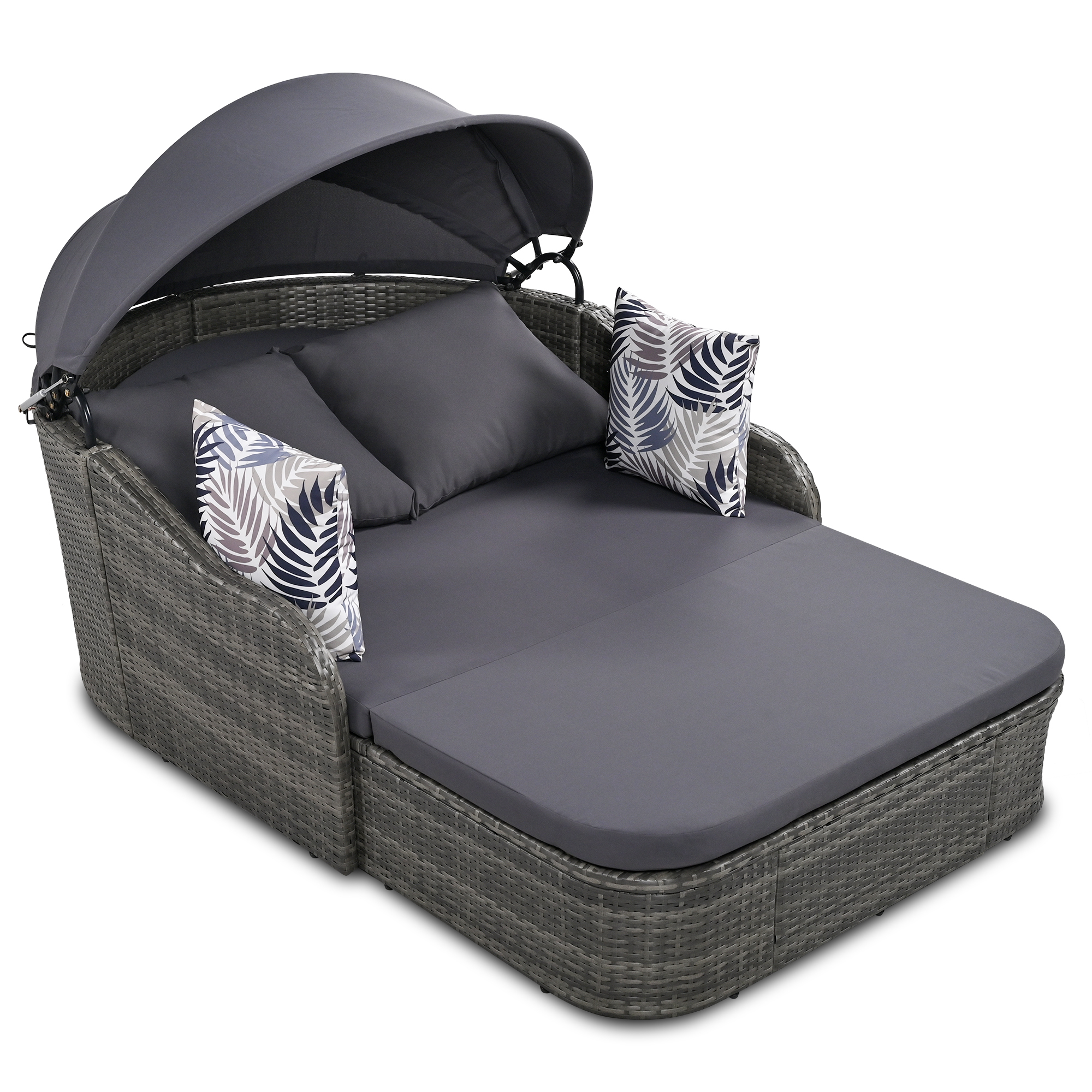 80" Outdoor Sunbed with Adjustable Canopy,Sectional Rattan Round Bed with Double lounge,Gray