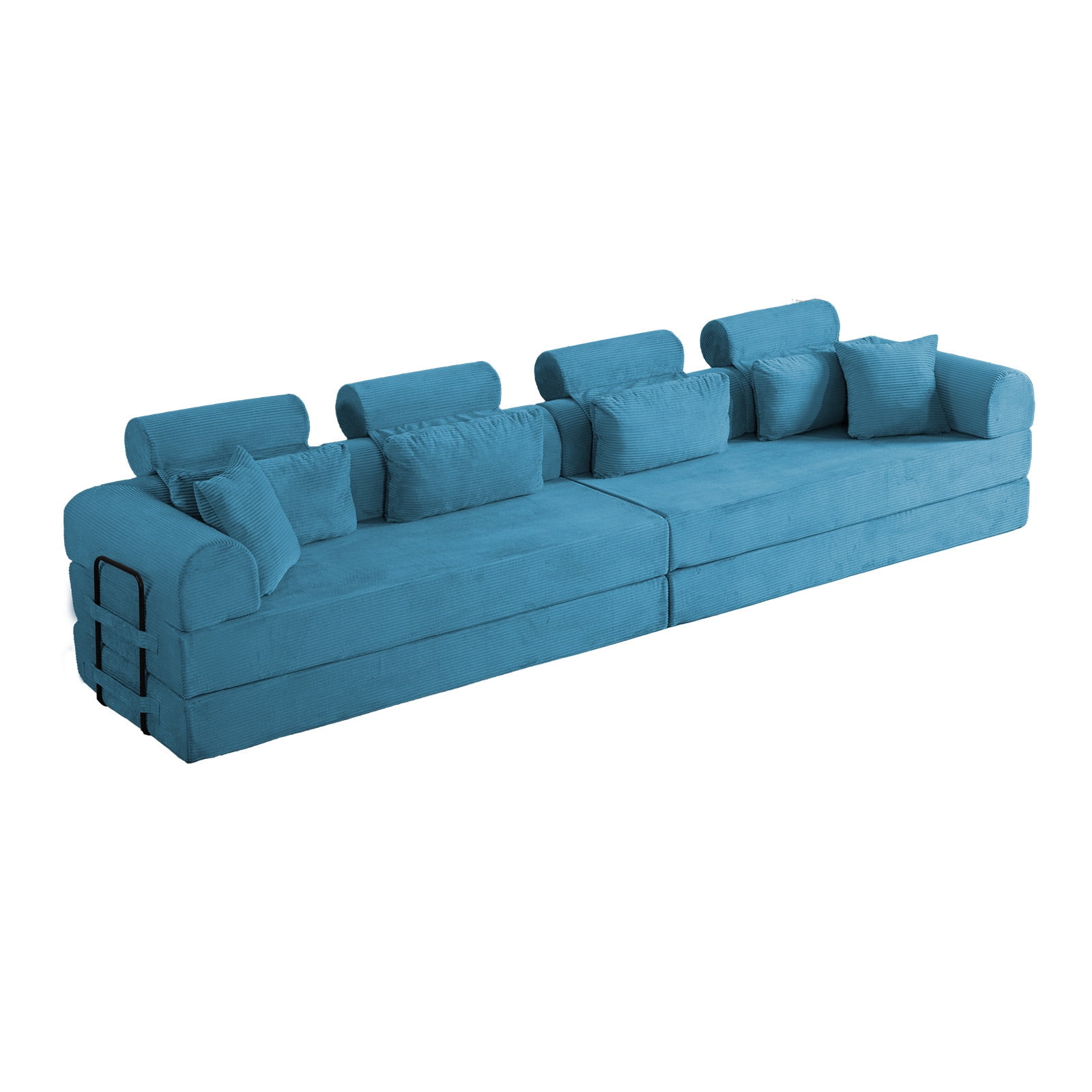 L-Shaped Sectional Sofa Converts to Bed, Corduroy Chaise Lounge with 28D High-Density Foam, No Assembly Compressed Couch for Apartments and Studios, Sky Blue