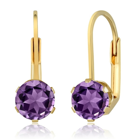 Gem Stone King 1.50 Cttw Purple Amethyst Leverback Earrings for Women | 18K Yellow Gold Plated Silver | Gemstone Birthstone | Round 6MM