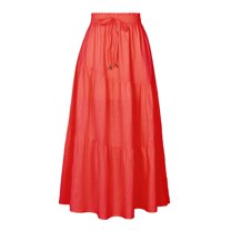 SWSMCLT Women's Long Skirt Ruffle Pleated Cotton Casual Elastic Waist A Line High Waisted Vintage Summer Orange 8