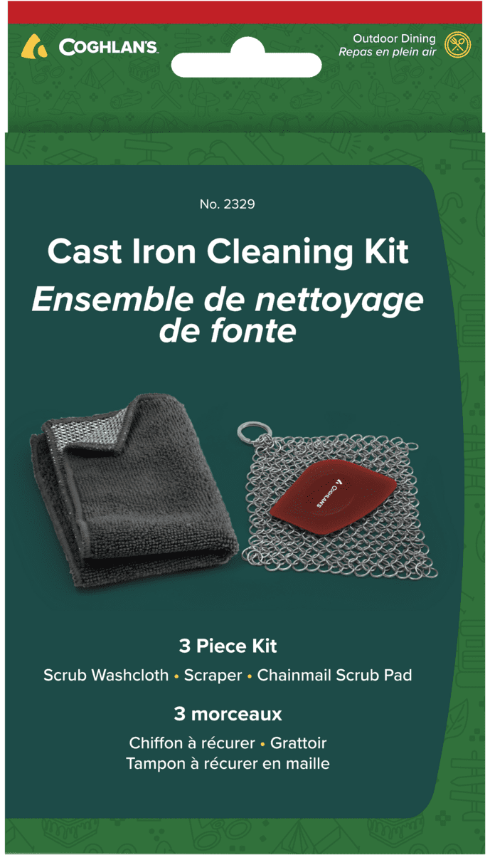 Coghlan's 3-Piece Cast Iron Cleaning Kit: Chainmail Scrubber, Polycarbonate Scraper & Dual Cloth