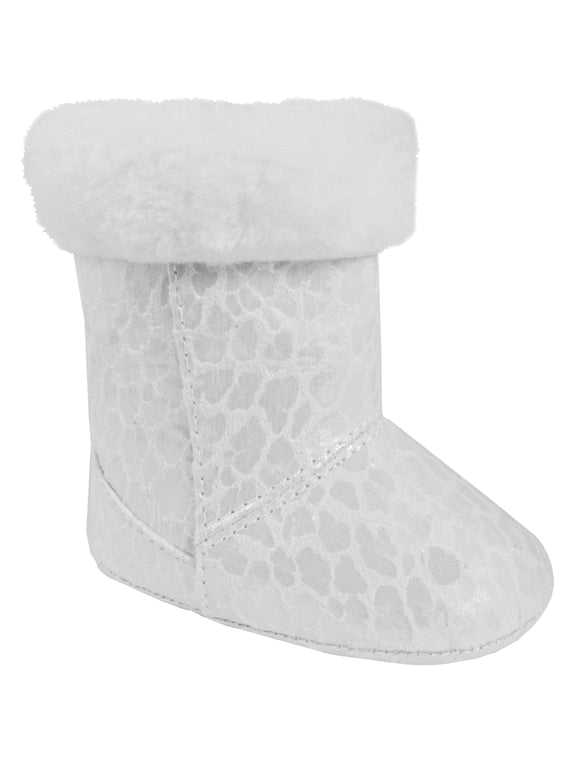 Wee Kids Baby-Girls Baby Boots Iridescent Leopard with/Fur Cuff (Infant Crib Shoes Soft Sole Baby Shoes) White Size 3