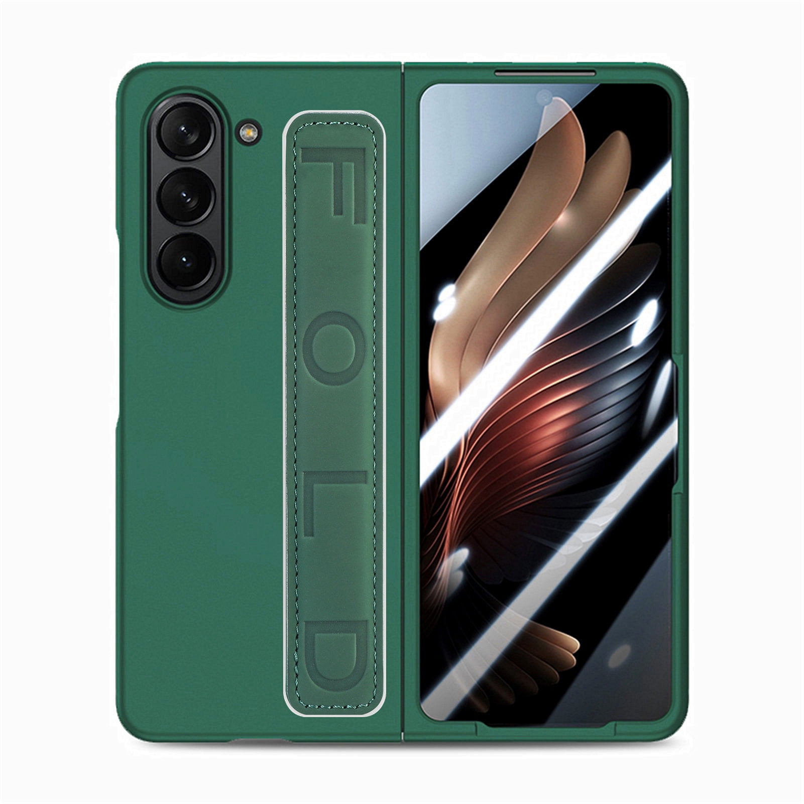 for Samsung Galaxy Z Fold 5 Case with Strap, [Non Slip Silicone Touch] Slim Protective Phone Case with Elastic Finger Wristband, Shockproof PC Cover for Samsung Galaxy Z Fold 5 2023 - Dark Green