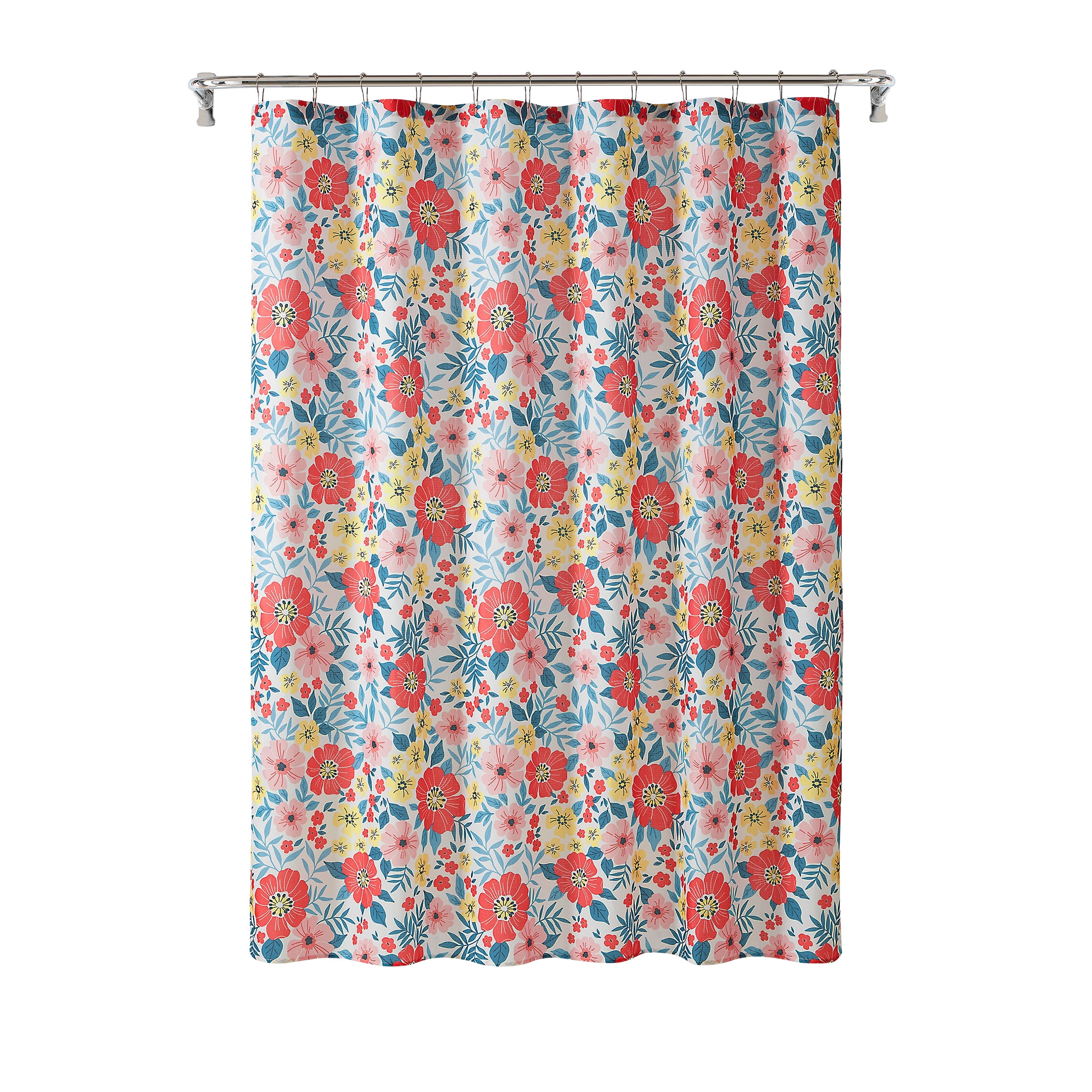 Mainstays 14-Piece Pink Floral Shower Curtain Set – 72" x 72" Faux Linen Fabric, Waterproof PEVA Liner & Metal Hooks, Machine Washable