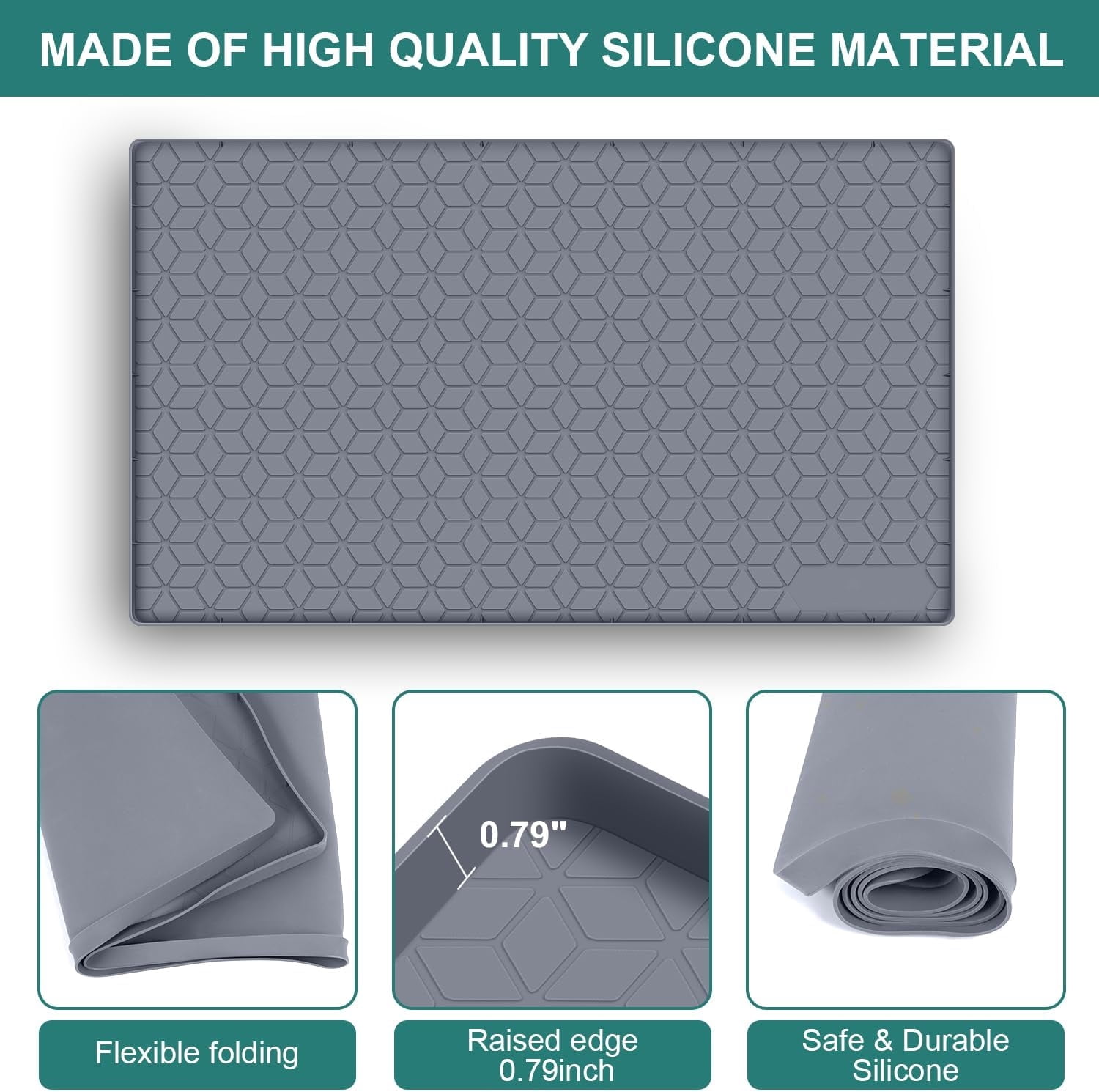 Under Sink Mat, 34" x 22" Waterproof Silicone Under Sink Tray for Kitchen & Laundry Cabinets, Kitchen Cabinet Shelf Protector, Up to 3.3 Gallons Liquid, Fits 36 inch Standard Cabinet (Grey)