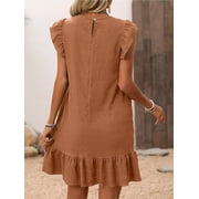 Cuteduck Womens Dresses Ruffle Sleeve Ruffle Hem Round Neck Textures Casual Dresses S-XL