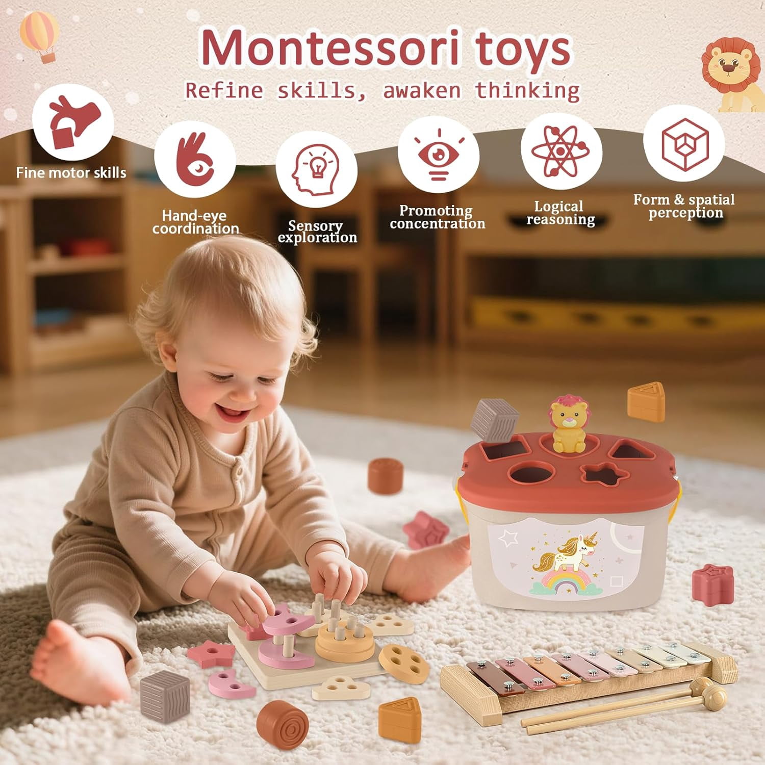 5-in-1 Montessori Baby Toy Set for 6-12 Months, Shape Sorter, Stacking Rings, Soft Blocks, Wooden Activity Toy and Xylophone, Sensory Development and Educational Gift for Infants and Toddlers