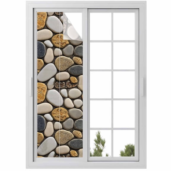 Window Privacy Film Stones Stained Glass Window Film Decorative Sun Block Window Cover Gravel Rock Cobblestone Natural Pattern Art Window Clings Static Adhesive Sticker for Bathroom 17.7"x78.7"