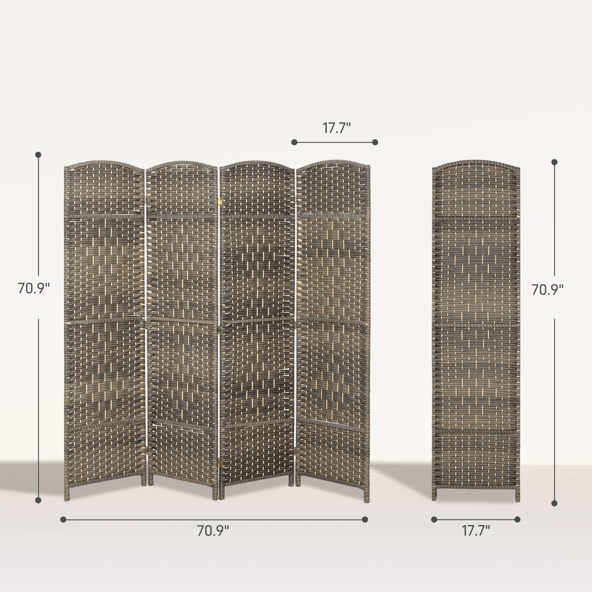 HOMCOM 4 Panel Room Divider, 6' Tall Folding Privacy Screen, Woven Freestanding Wood Partition for Home Office, Bedroom, Dark Rustic Oak