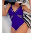 thumbnail image 3 of Traje de baño para mujer, 1 pieza, cuello en V, malla, empalme hueco, almohadilla de sujetador extraíble, fuerte elasticidad, breve traje de baño, traje de baño azul M, 3 of 6