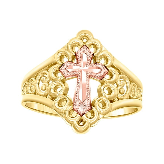 10k Two-tone Gold Womens Cross Religious Ring 16.6x3.1mm Wide Ring for Women - 2.5 Grams