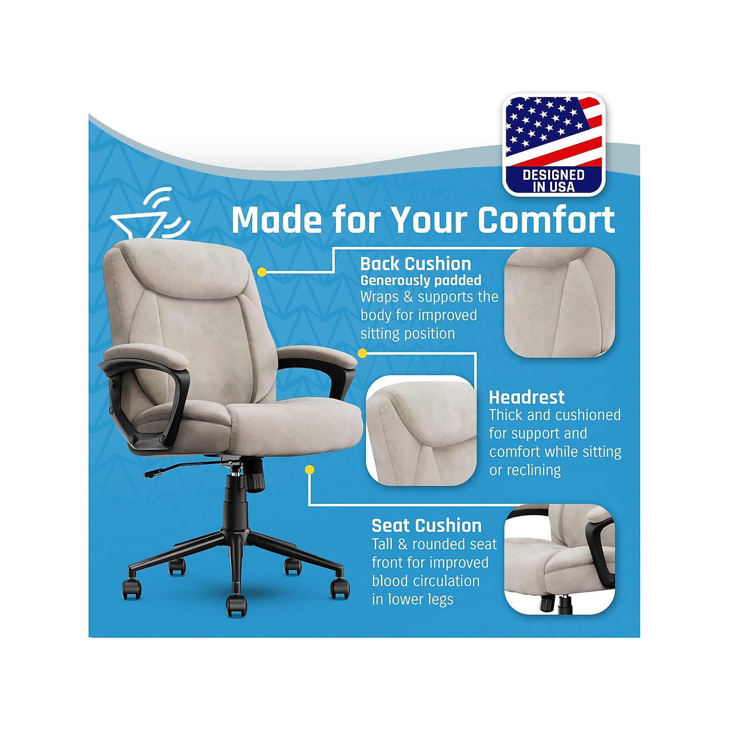 Click365 Transform 1.0 Ergonomic Mid Back Desk Chair Fabric Beige
