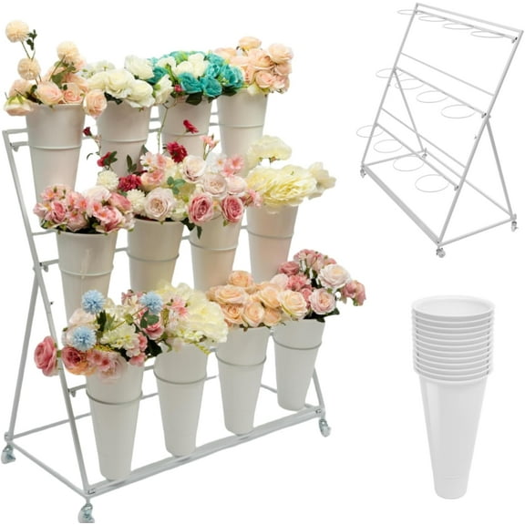 TFCFL 3 Tier Flower Display Stands with 12 Buckets, White Movable Flower Display Stand with Wheels Plants/ Flower Cart for Patio Lawn, Garden, Flower Bar, Florist, Delivered in 2 Packages