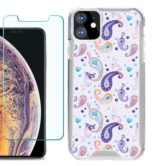 For Apple iPhone 11 Case, Hybrid Bumper Phone Case, with Tempered Glass Screen Protector, by OneToughShield ® - Paisley Purple