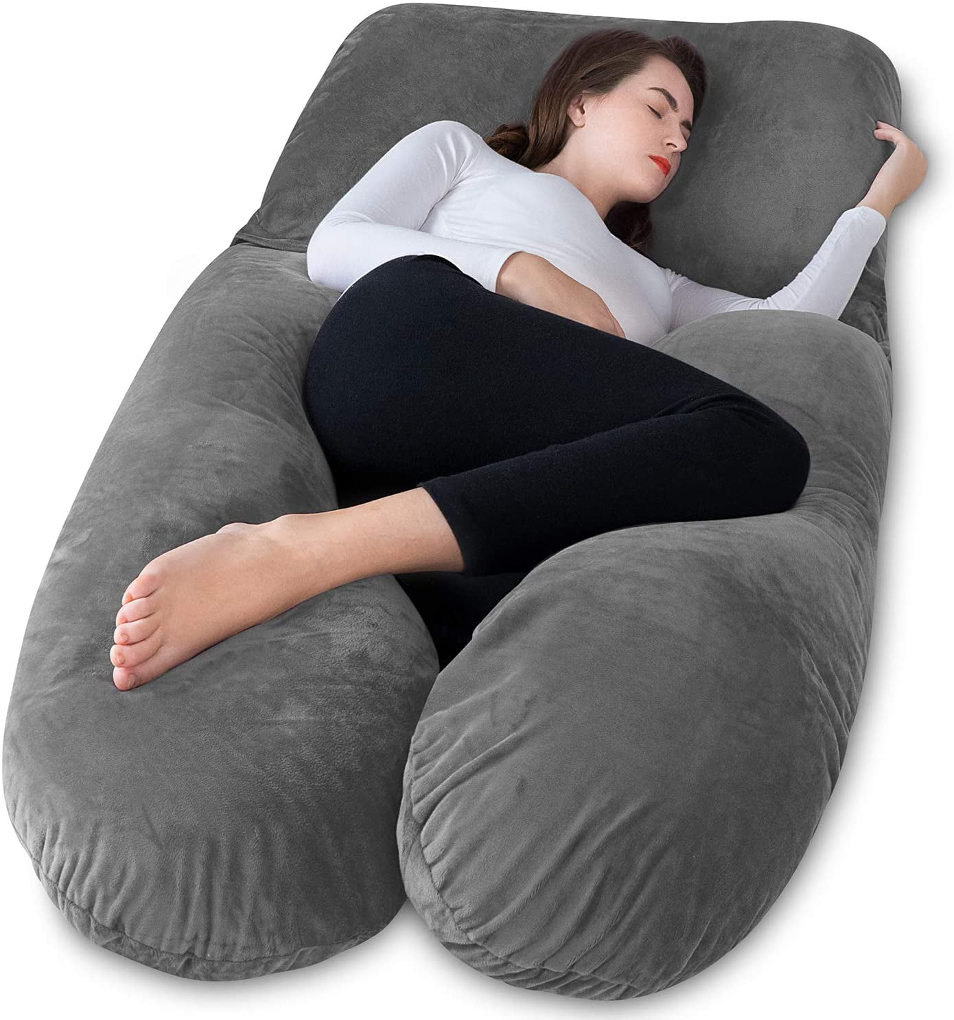 55 inch Pregnancy Pillow with Velvet Cover, Adjustable Belt and Detachable Extension, UShape